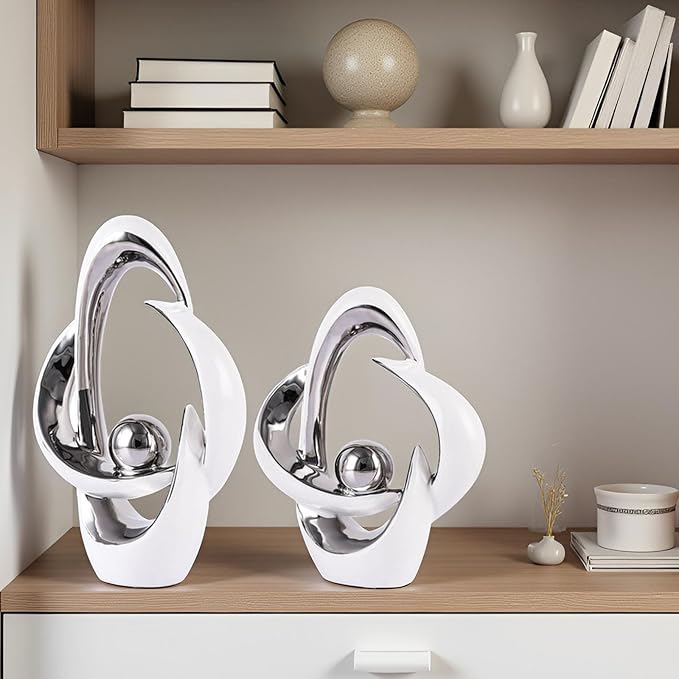 2PCS Home Decor Accent Ceramic Statue Abstract Sculptures Centerpieces Mid Century Modern Decor for Tables Coffee Table top Decorations for Living Room Desktop Shelf Dining Room Kitchen (White Silver)