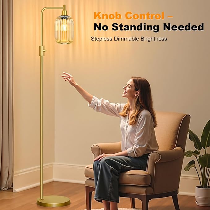 【Upgraded】 Dimmable Glass Floor Lamp for Living Room, Modern Gold Standing Lamp with Amber Ribbed Glass Lampshade & Knob Dimmer, Arc Tall Lamp for Bedroom Office Reading Room, 2700K Led Bulb Included