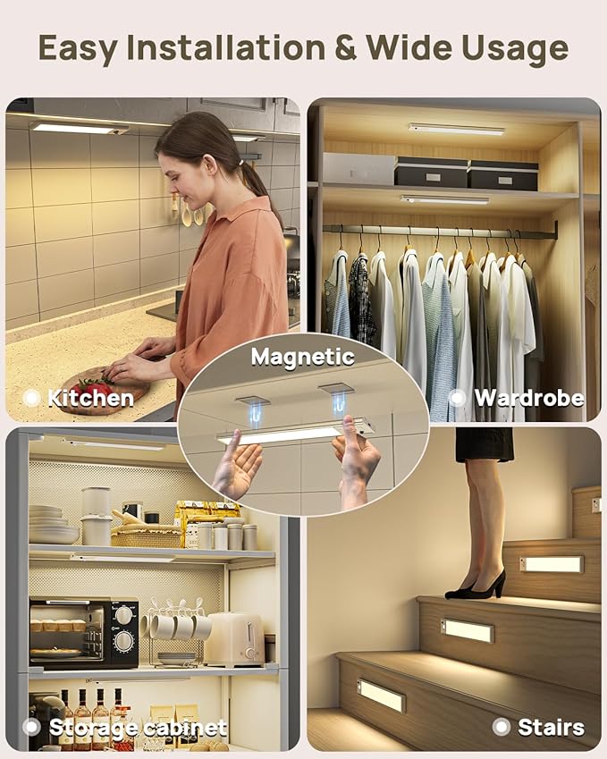 9inch Under Cabinet Lighting with Remote, Rechargeable LED Motion Sensor Light Indoor, Closet Lights Wireless, 3 Color Temps & Dimmable, Magnetic Under Counter Lights for Kitchen, Stairs, 8 Pack