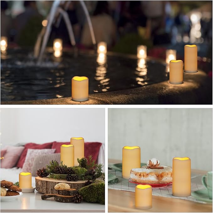 Flameless Candles 4" 5" 6" Set of 24 Ivory Outdoor Indoor Pillars 3" Diameter Battery Operated Flickering Candles Include 10-Key Remote Timer Function 400+ Hours Requires 2 AA Batteries (24 Pack)
