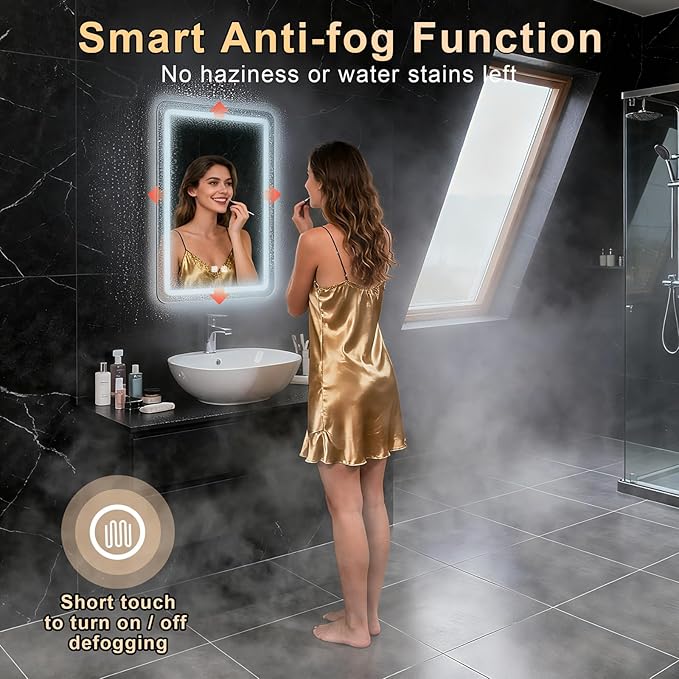 LED Bathroom Mirror, 16 x 24 Inch Anti-Fog Bathroom Mirror with Lights, Stepless Dimmable Lighted Bathroom Mirrors for Wall, Rectangle Bathroom Vanity Mirror with Front and Backlight, Vertically Only