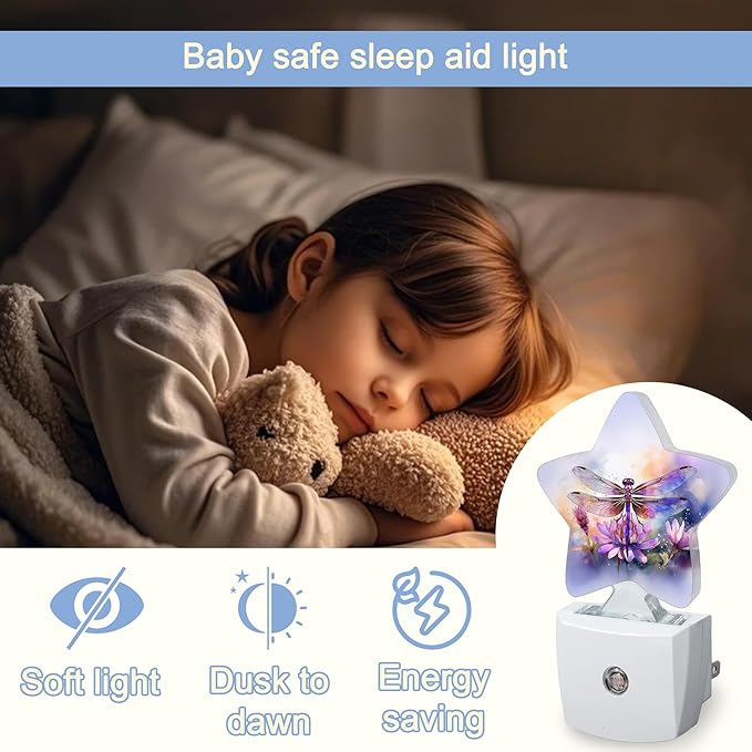 Dragonfly Flower Night Light,Watercolor Plug-in Star Night Lights with Dusk-to-Dawn Sensor for Bedroom,Bathroom,Living Room Sleep Friendly Lamp for Women Girls Boys Gift,0.5W