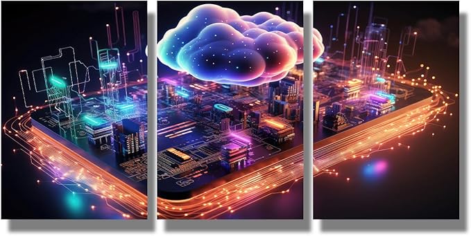 Framed Wall Art 3 Panels Wall Decor Cloud Computing Concept Pictures Print On Canvas for Living Room Bedroom Wall Decoration, Giclee Artwork Ready to Hang, 12x16inchx3