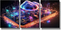 Framed Wall Art 3 Panels Wall Decor Cloud Computing Concept Pictures Print On Canvas for Living Room Bedroom Wall Decoration, Giclee Artwork Ready to Hang, 12x16inchx3