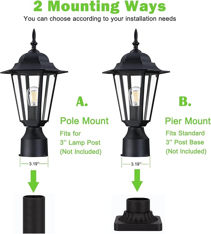 Outdoor Post Light, Pole Lantern, Waterproof Die-Cast Aluminum Pole Light Fixture with Glass, Exterior Post Lamp for Garden Yard Patio Pathway, Matte Black, 2-Pack