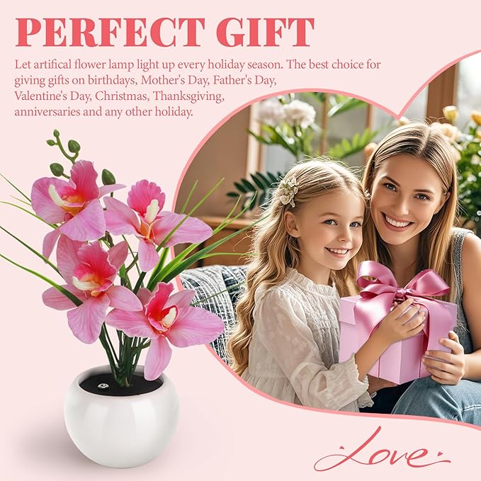 Artificial Flower Night Light, Touch Stepless Dimming USB Rechargeable Pink Orchid Flower with Vase Lamp, LED Desktop Decorative Landscape Lights for Festival Party Home Decor (Pink)