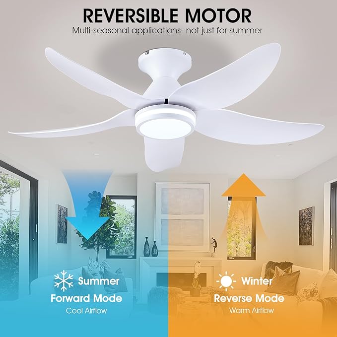 46 inch Ceiling Fans with Lights and Remote/APP Control, Modern Flush Mount Ceiling Fans with 5 Reversible Blades 6 Speeds, 3 Colors Dimmable+Ring Lights for Bedroom Kids Room, White