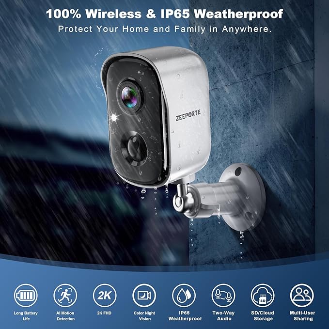 Security Cameras Wireless Outdoor, 2K Battery Powered Indoor Camera/WiFi Camera for Home Security with AI Motion Detection, Color Night Vision, Spotlight, Siren, Waterproof, SD/Cloud Storage