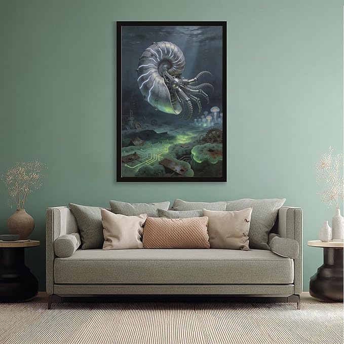 Framed Steampunk Mechanical Nautilus Wall Art - Underwater Industrial Poster for Man Cave Studio Decor 08x12in
