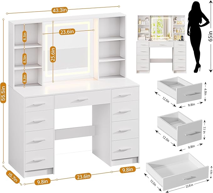 Vanity Desk with Mirror and Lights, Makeup Vanity Desk with 9 Drawers & 6 Shelves, Make up Vanity, Dressing Table with Touch Screen Mirror & Power Outlet, White Vanity for Girls Women, Bedroom