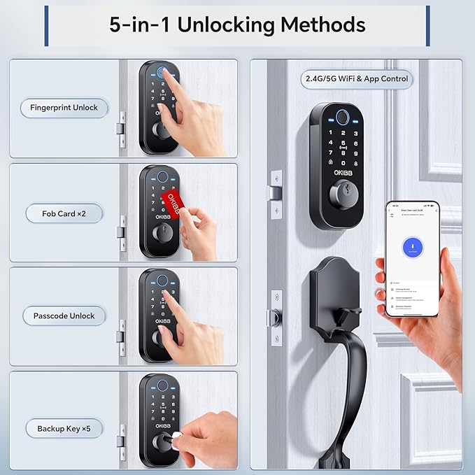 Smart Front Door Lock Set, Built-in WiFi, Keyless Entry Deadbolt with App Remote Control, Electronic Digital Touchscreen Keypad with Lever Handle, Fingerprint/Passcode/Fob/Key Unlock, Auto Lock