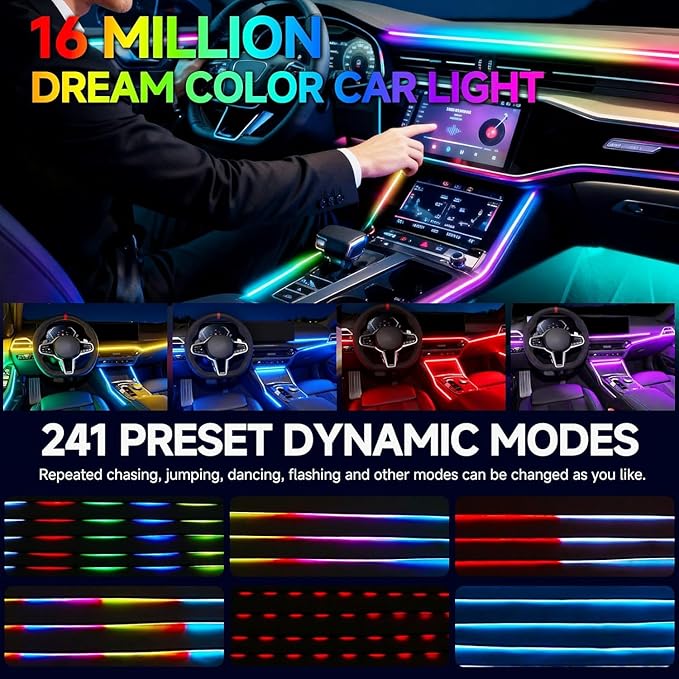 Ambient Lighting Car Led Lights Interior,57in USB Dreamcolor 2 in 1 Acrylic Neon Flexible Strip Fiber Optic LED Ambient Lighting Kits with Remote APP, RGB Music Lights Sync for Inside car Decorations