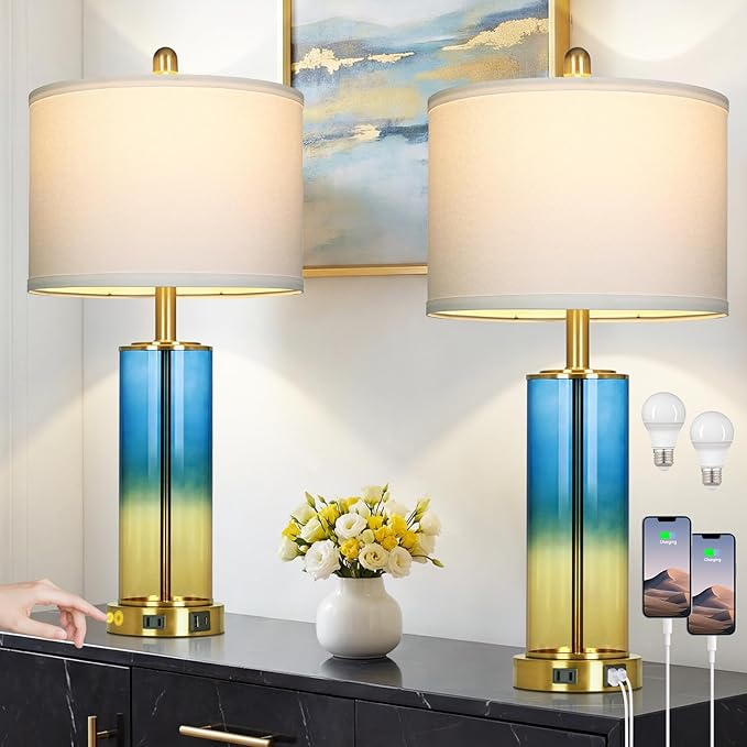 26" Blue and Gold Glass Lamps Set of 2, 3-Way Dimmable Touch Coastal Bedroom Table Lamp with USB C+A Ports & AC Outlet, Elegant Brass Living Room Lamp, Nautical Bedside Lamps for Night Stands