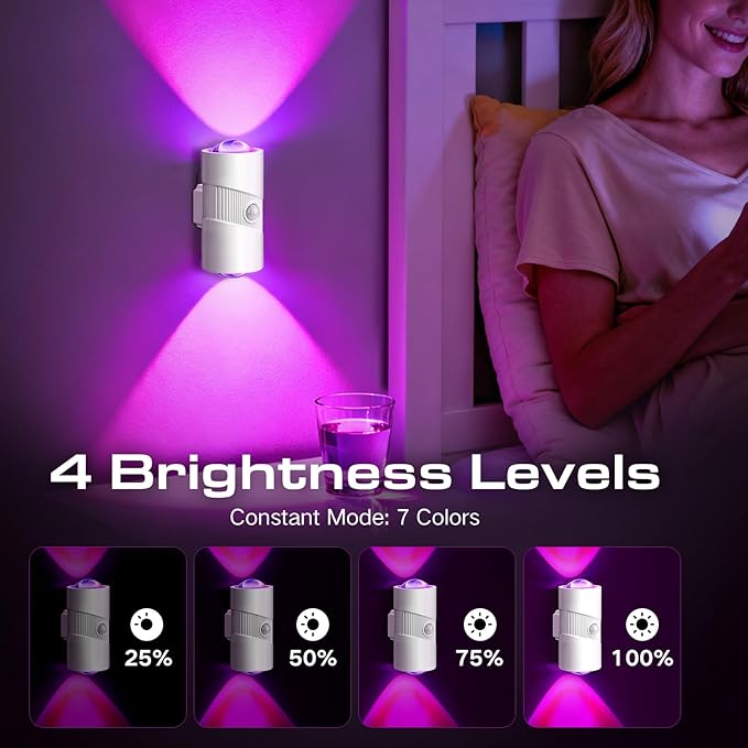 Rechargeable RGB Motion Sensor Night Light, Color Changing LED Night Light with Stick-on Magnet, 4-Level Adjustable Brightness, Nightlights for Bedroom, Bathroom, Hallway, Stairs, Closet, 2-Pack (2)