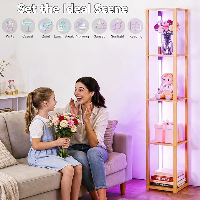 RGBCW Floor Lamp, Smart Modern Floor Lamp with Music Sync, Color Changing Corner Display Shelf Lamp, Standing Lamp with Shelves for Living Room and Bedroom, Office, Home Décor
