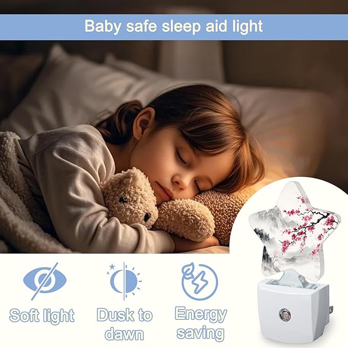 Cherry Blossoms Nightlight,Japanese Mountains Star Night Lights Plug into Wall Decorations for Bedroom Bathroom,Dusk to Dawn Sensor Kitchen Hallway Stairs Energy Efficient Desk Lamp