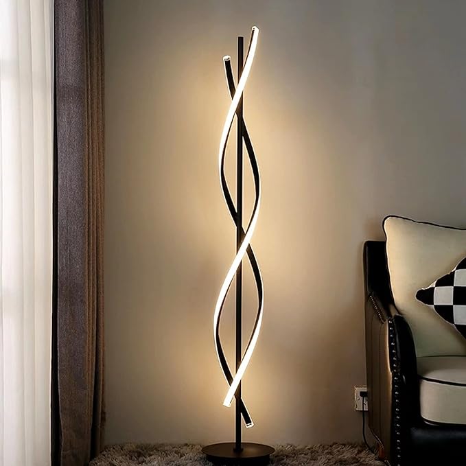 JUTIFAN Modern Spiral Floor Lamp for Living Room, 30W Dimmable Led Corner Floor Lamp with Remote Control, 53 Inch Black Floor Lamps 3 Color Tall Corner Reading Lamp Standing Floor Lamps for Bedroom