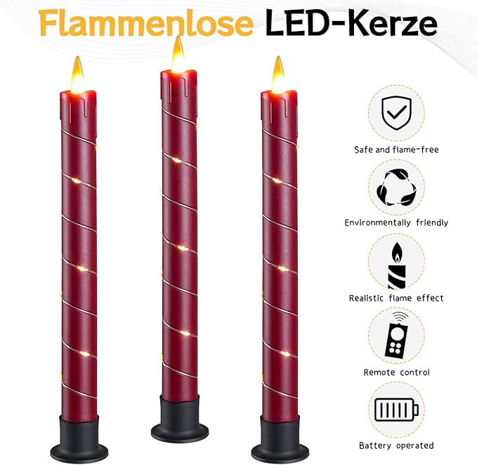 Flameless Cone-Shaped Candle, Patented with Starlight String, 11 Key Remote Control, Timer, Battery Powered, Patented Simulated Flame, 3 Packs, Christmas Home and Wedding Decoration (red)