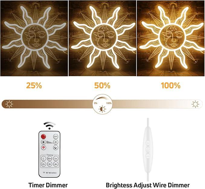 Vintage Burning Sun and Moon Neon Sign - Remote Dimmer 3D Boho Aesthetic Room Decor Celestial Mystic Sun Moon USB Power LED Sign Light w/Closed Eyes Psychedelic for Bedroom Gift - 12"