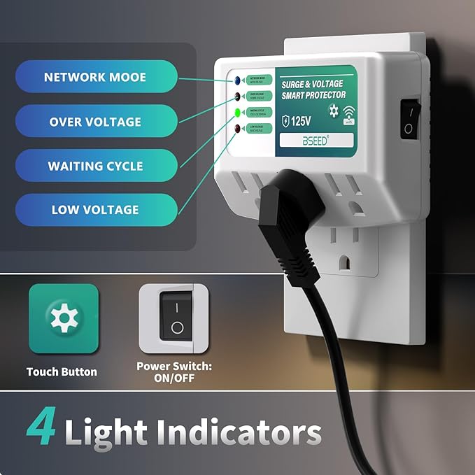 BSEED WiFi Smart Plug, 3 Outlet Surge Voltage Protector with Light Indicator, APP Control, Energy Monitoring, Wall Mount Power Suppressor for Refrigerator/TV/PC, 125V/1875W, FCC Listed,4 Pack