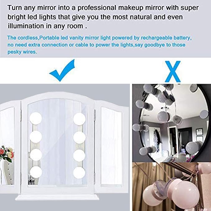 Cordless Rechargeable LED Vanity Mirror Light with Daylight Bulbs for Bathroom Makeup and Dressing Tables