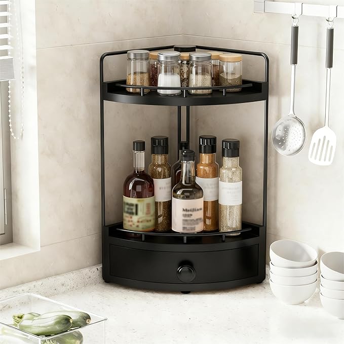 2-Tier Corner Bathroom Countertop Organizer with Drawer, Wooden Vanity Organizers for Makeup and Skincare Storage, Corner Counter Shelf with Embedded Screw Holes, Black