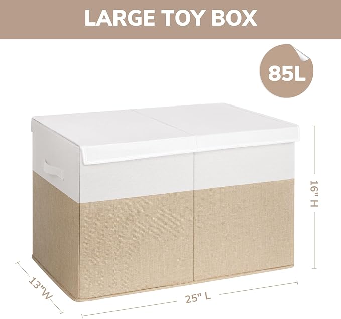 INDRESSME Large Toy Box with Lid, Collapsible Toy Storage Organizer Chest with Divider, Foldable Toy Bin for Kids Boys Girls Playroom Nursery Bedroom Living Room 25"x16"x13" (Beige & White)