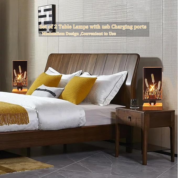 Industrial Table Lamp Sets of 2 with USB Ports and Outlet, Rustic Dimmable Bedside lamp with Charging Station, Metal Square Shadow Nightstand Lamp for Bedroom Living Room End Tables