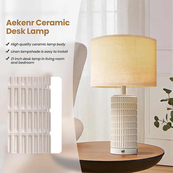 23" Touch Table Lamps Set of 2 with USB-C Ports - Ceramic Bedside Lamp for Bedroom - Modern Farmhouse Dimmable Lamp for Living Room - White and Beige Boho Nightstand Light for Home Decor and Lighting