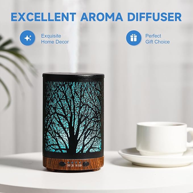Essential Oil Diffuser 120ML Metal Aromatherapy Diffuser with Timer, Cool Mist Humidifier with Auto Shut-Off & 7 Color Lights for Home Office Spa (Tree)