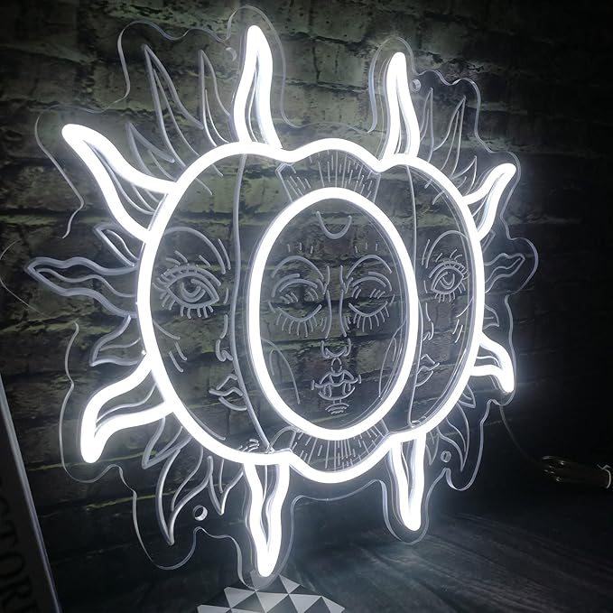 Sun and Moon Custom Neon Sign, 3D Aesthetic Burning Sun Light Hippie Indie Fractal Faces LED Sign Psychedelic Boho Neon Light Mystic Mandala Sign Wall Decor for Bedroom Home Bar Man Cave Parties Gift