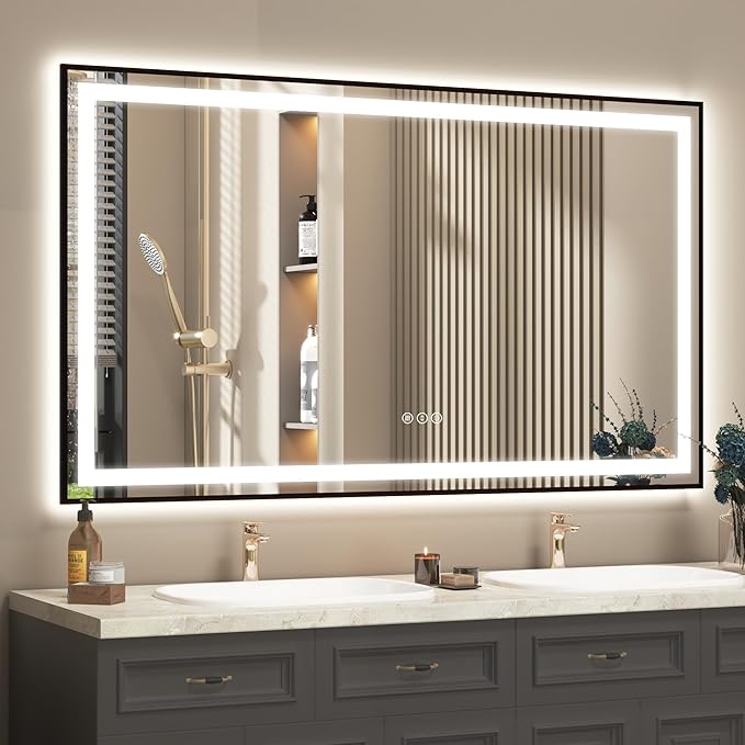 OKPAL 68x40 Black LED Bathroom Mirror with Lights, Frontlit & Backlit LED Mirror for Bathroom, Lighted Bathroom Vanity Mirror, Anti-Fog, Dimmable 3 Colors, Shatterproof, Horizontal/Vertical