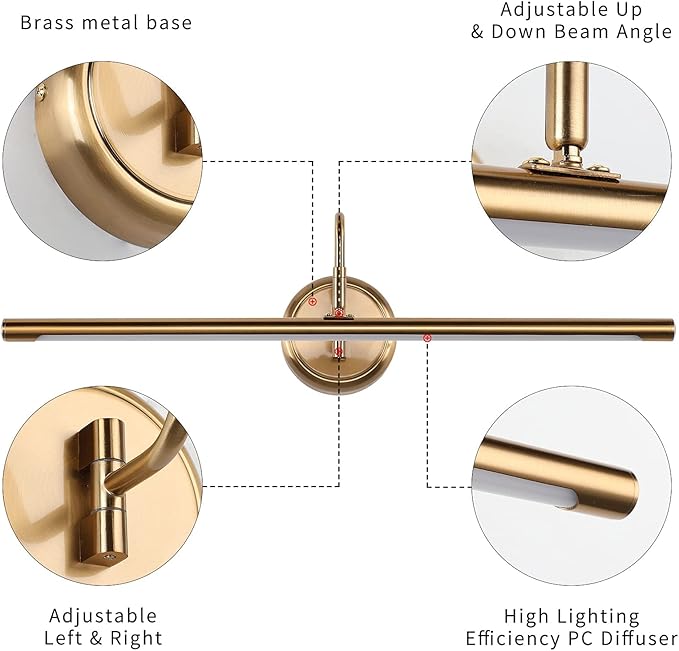 JOOSENLUX Picture Lights 24.4'' Inch Brass for Painting Display Wall Mount Brief Metal Artwork LED Wall Sconces Lamps14W(70W Eqv.),Warm White 3000K,Hardwire Swing Arm