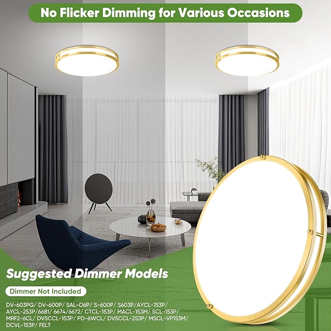 TOBUSA 16in 50W LED Flush Mount Ceiling Light 5600lm Super Bright, Dimmable LED Light Fixture 2700K-6500K 5CCT Adjusted, 1-Pack Modern Light Fixture Ceiling, Gold