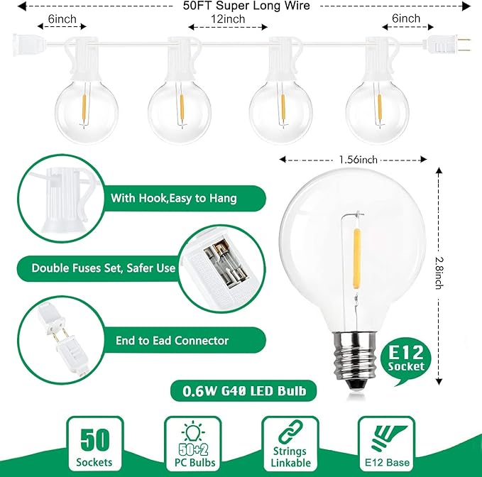 Abeja LED Outdoor String Lights, 50FT G40 Patio String Lights with 52 Dimmable Shatterproof Bulbs, Waterproof Backyard Outdoor Hanging Lights for Backyard, Bistro, Porch, Deck Decor