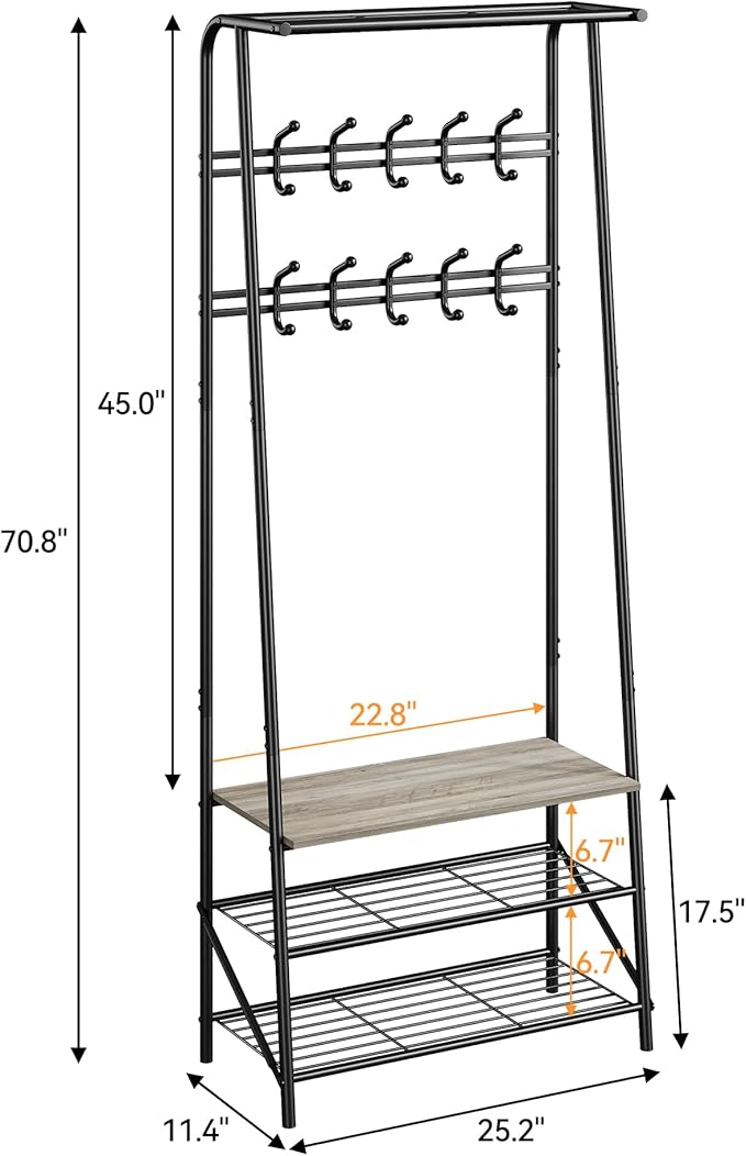 Coat Rack, 4-In-1 Hall Tree, Entryway Shoe Bench Coat Standwith Metal Frame, 3-Tier Shelf and 10 Hooks for Entryway,Hallway, Bedroom