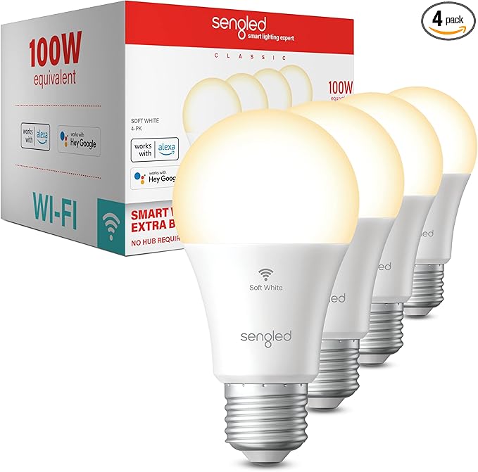 Sengled Smart Light Bulb, 100W Equivalent WiFi Light Bulb, 1500LM High Brightness Smart Bulbs That Work with Alexa Google, Dimmable A19 Soft White Alexa Light Bulb,CRI>90, No Hub Required, 4-Pack