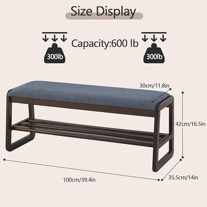 Shoe Rack Bench,2 Tier Solid Wooden Entryway Bench with Shoe Storage, Shoe Rack with Cushion for Living Room, Hallway(Grayish Blue, 39.4")