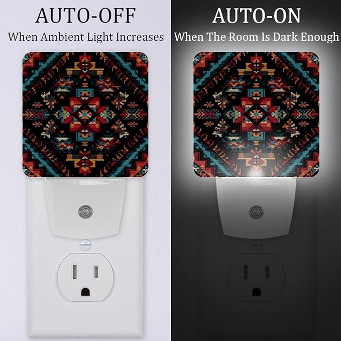 2 Count Tribal Navajo and Native LED Night Light, Plug-in, Dusk-to-Dawn Sensor, Energy Efficient, Ideal for Bedroom, Bathroom, Stairs, Hallway