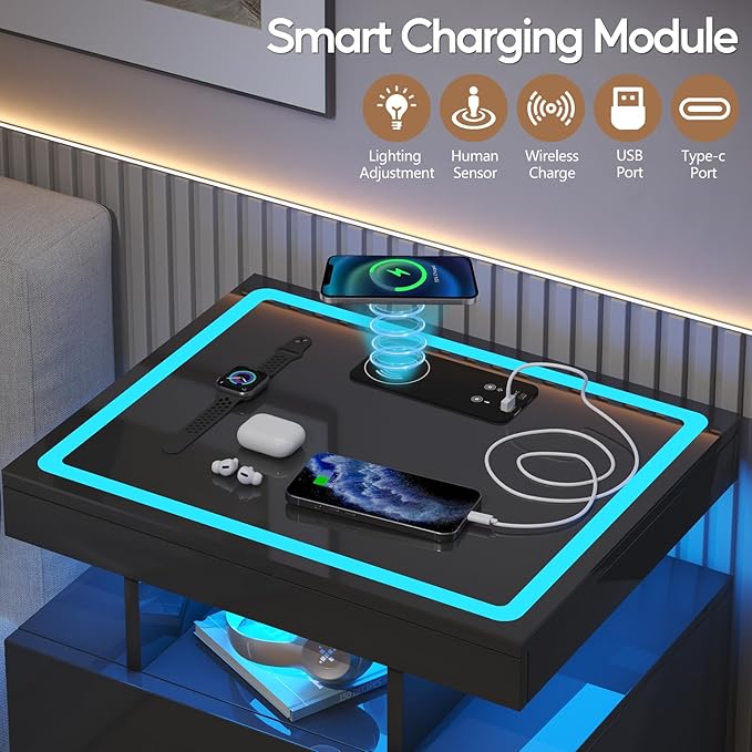 LED Nightstand Set 2 with Wireless Charging Station,Black Night Stand with 2 Drawers,Glass Top Smart Bedside Table,Modern End Table Side for Bedroom,Living Room,Office