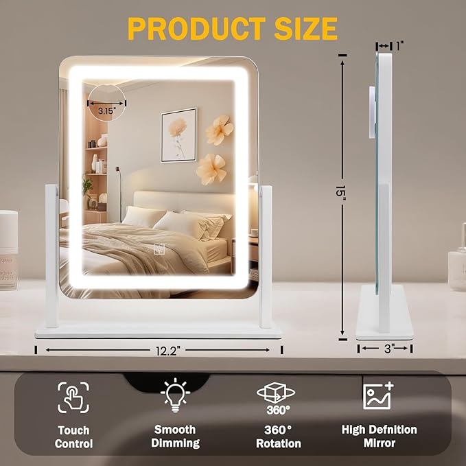 Vanity Mirror with Lights, 15"×12.2" Large LED Makeup Mirror with Light, HD Mirror, Smart Touch with 3-Color Lighting, Dimmable, 360° Rotation, Lighted Up for Vanity Desk Tabletop, Bedroom (White)
