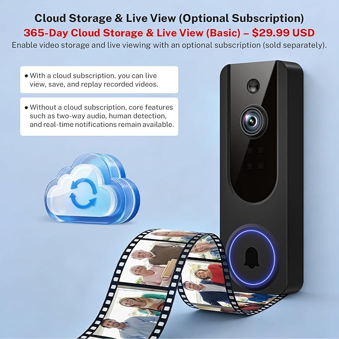 Gazing 1080P Wireless Wi-Fi Doorbell Camera for Home Safety, Night Vision, 2-Way Audio, Cloud Storage, AI Human and Motion Detection, Live View, Battery Powered, Indoor Outdoor Surveillance