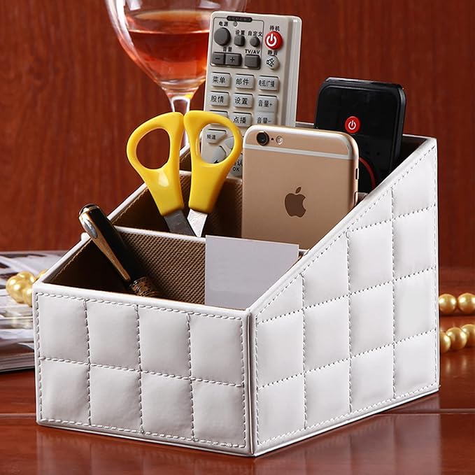 Fashionable PU Leather TV Remote Control Holder with 3 Compartments,Multifunction Desktop Organizer Holder, Media Accessory Storage & Organize Controllers (white)…