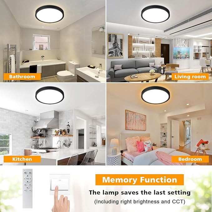 Unicozin Dimmable LED Flush Mount Ceiling Light with Remote Control, Wired 3000K-6000K Color Changing, 12Inch 24W(150W Equiv) 2200LM, Round Flat Ceiling Lamp Black for Bedroom, Living Room, Kitchen