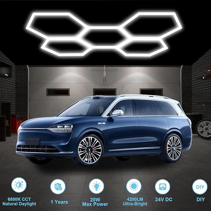 Garage Hexagon Lights, 60W 24V 6500K Higher Brightness Hex Garage Lights, Plug and Play, Lightweight DIY Assembly Hexagonal Light for Car Detailing Auto Beauty Shop Decor（with Remote Control）