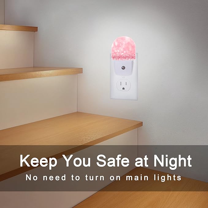 Pink Glitter Night Light,Night Lights Plug into Wall Decor for Stairway/Hallway/Kitchen,Dusk to Dawn Sensor Nightlights for Boys/Girls/Women/Men Room Gifts
