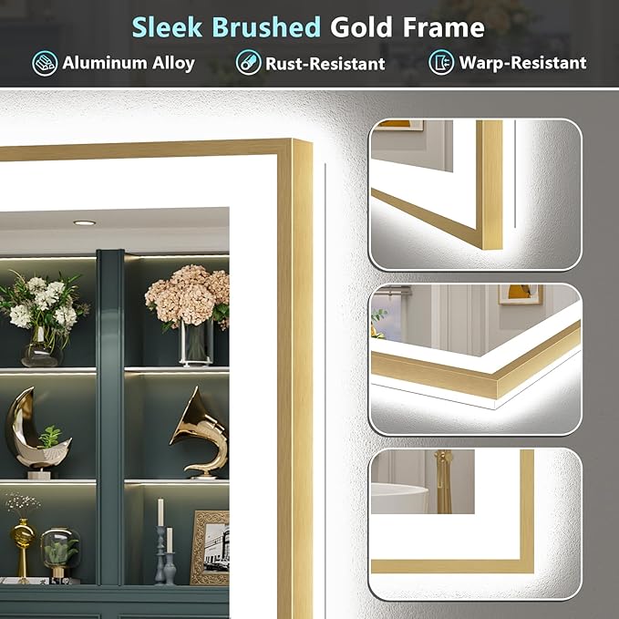 55x40 Gold LED Bathroom Mirror with Lights, Brushed Gold Framed Backlit and Front Lit Anti-Fog Lighted Vanity Mirrors for Bathroom Wall, Dimmable, 3 Colors, Memory, HD Tempered Glass, CRI＞90