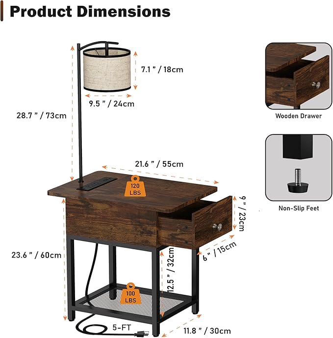 Floor Lamp with Table, Side Table with Lamp Attached, Narrow End Table with LED Lights and Charging Station, Nightstand with Wood Drawer for Living Room, Bedroom, Rustic Brown