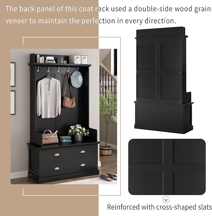 RUNNA Wooden 38.5" Wide Hall Tree with Coat Rack and 2 Large Drawers,Bench,5 Metal Hooks and Handles,For Livingroom Hallway Entryway Use (Black@Drawers)