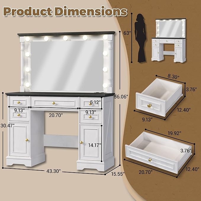 Vanity Desk with 38" Large Mirror and 11 LED Lights, Adults Makeup Vanity with 5 Drawers and 2 Cabinets & Power Outlet and 3 Lighting Modes, Farmhouse Wooden Dressing Table for Bedroom, Antique White